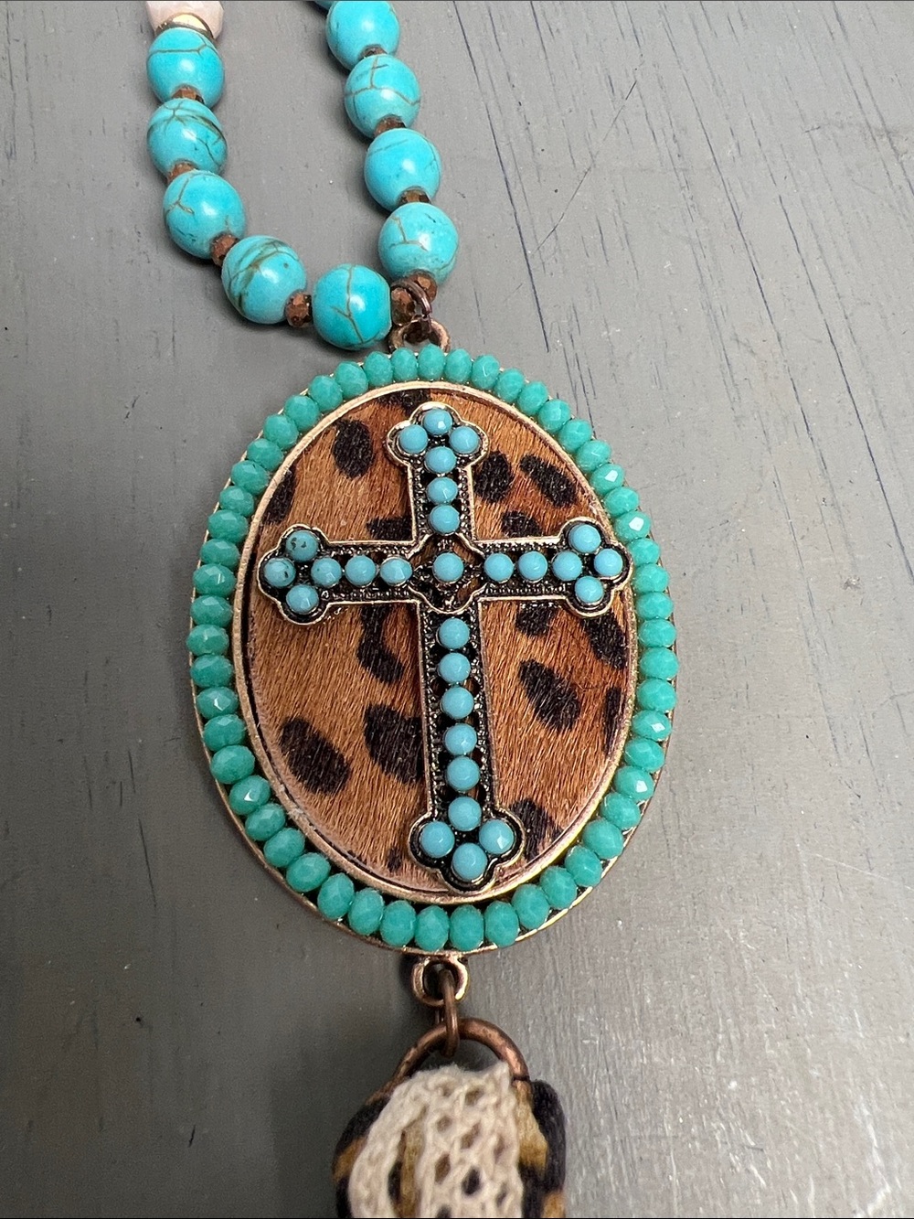 Turquoise style Beaded Cross Pendant long Tassel Necklace with leather cord